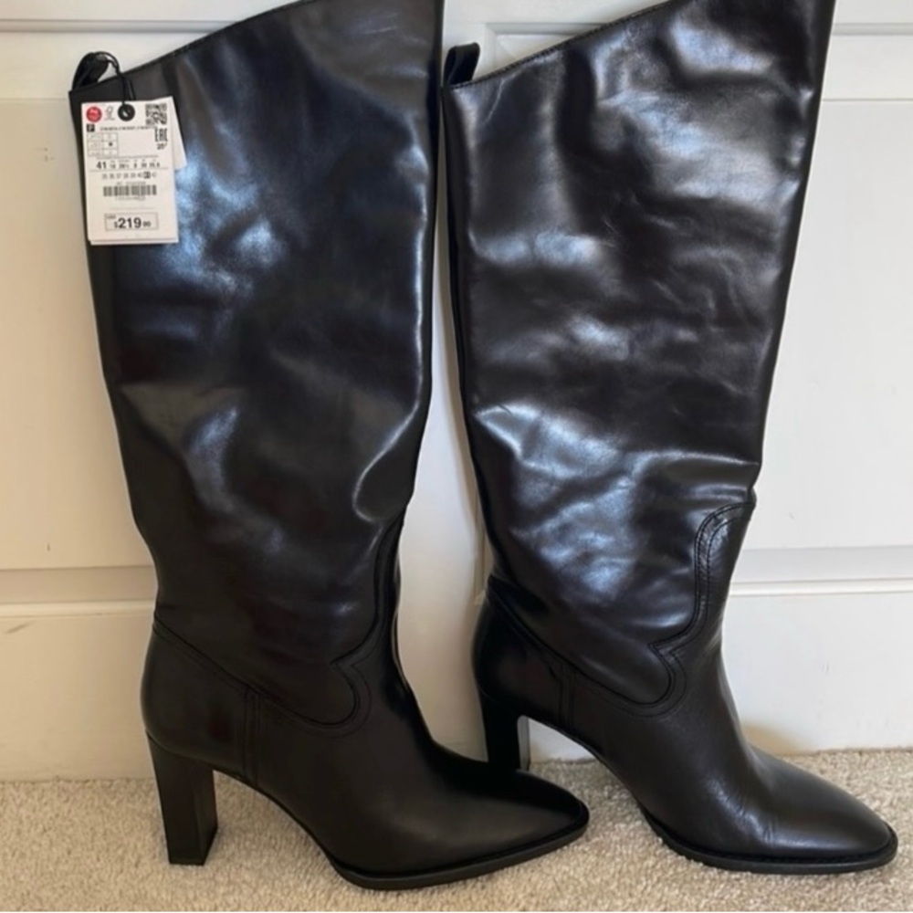 COPY - ZARA NWT knee high black boots over knee faux leather chunky heel